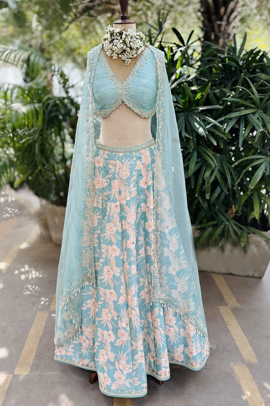 Aqua Silk Printed & Embroidered Lehenga Set