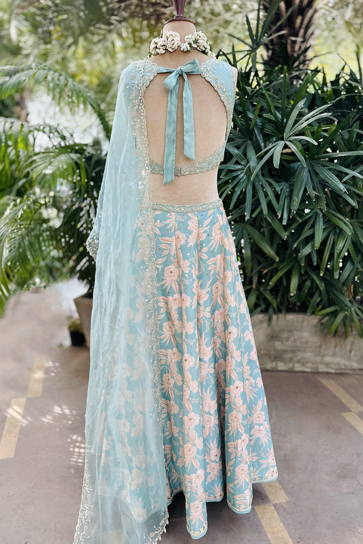 Aqua Silk Printed & Embroidered Lehenga Set