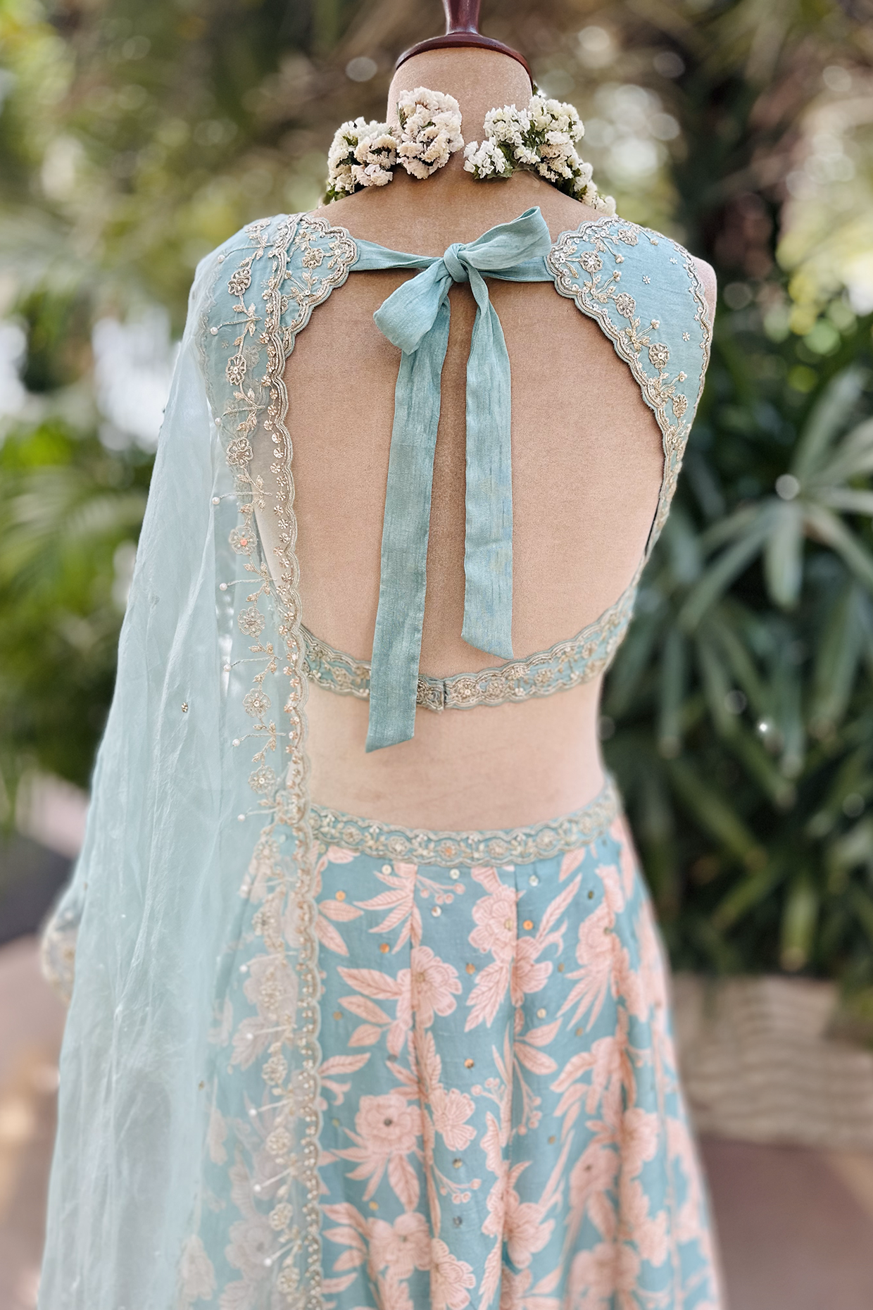 Aqua Silk Printed & Embroidered Lehenga Set