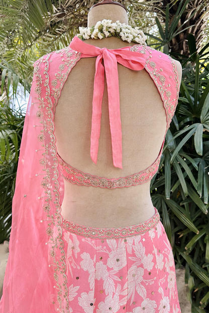 Candy Pink Silk Printed & Embroidered Lehenga Set