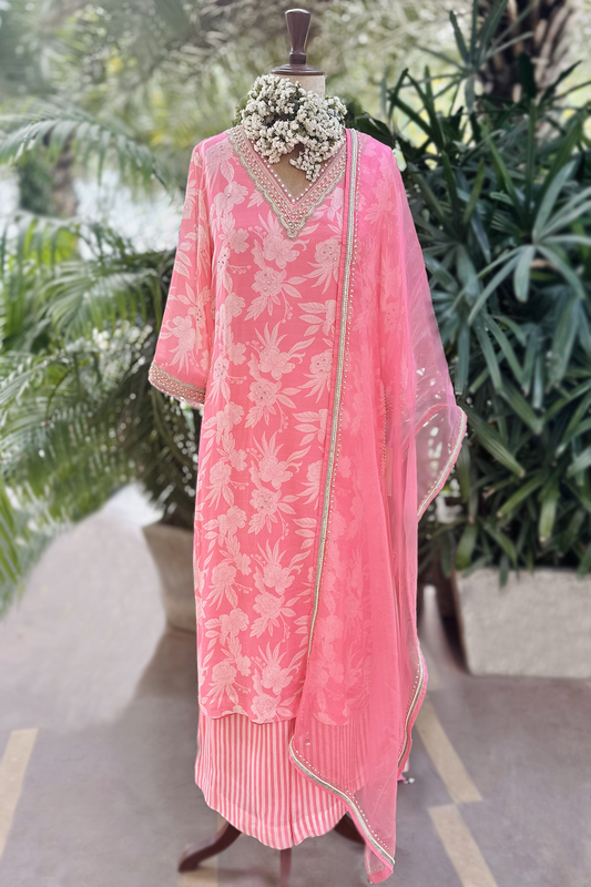 Candy Pink Chiffon Straight Kurta Set