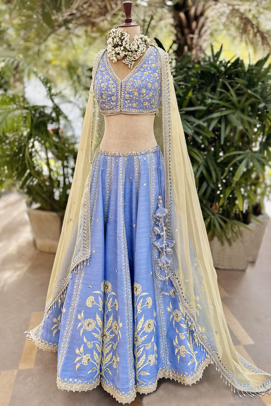 Cornflower Blue Silk Embroidered Lehenga Set