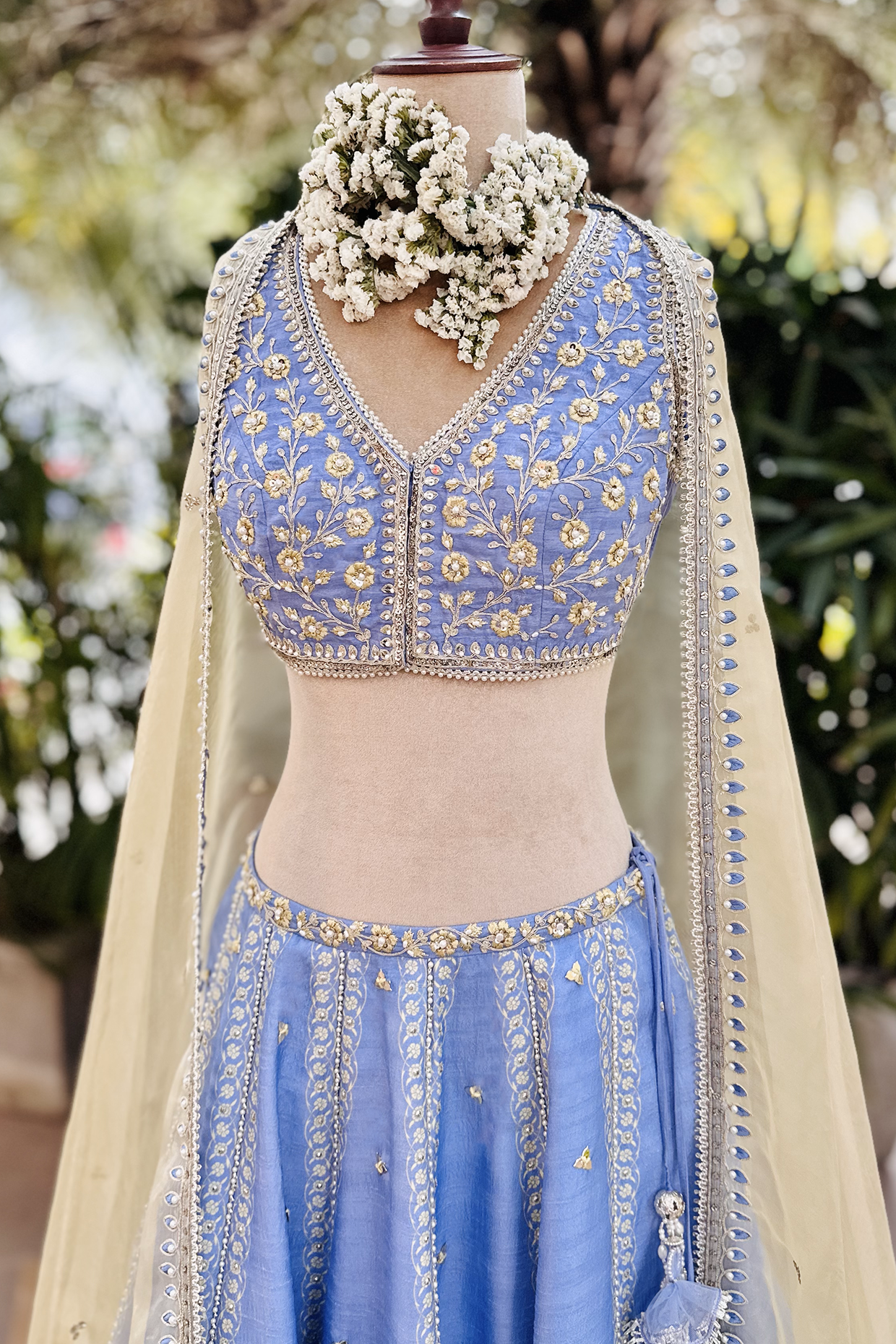 Cornflower Blue Silk Embroidered Lehenga Set