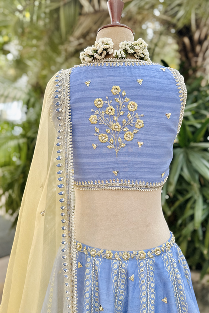 Cornflower Blue Silk Embroidered Lehenga Set