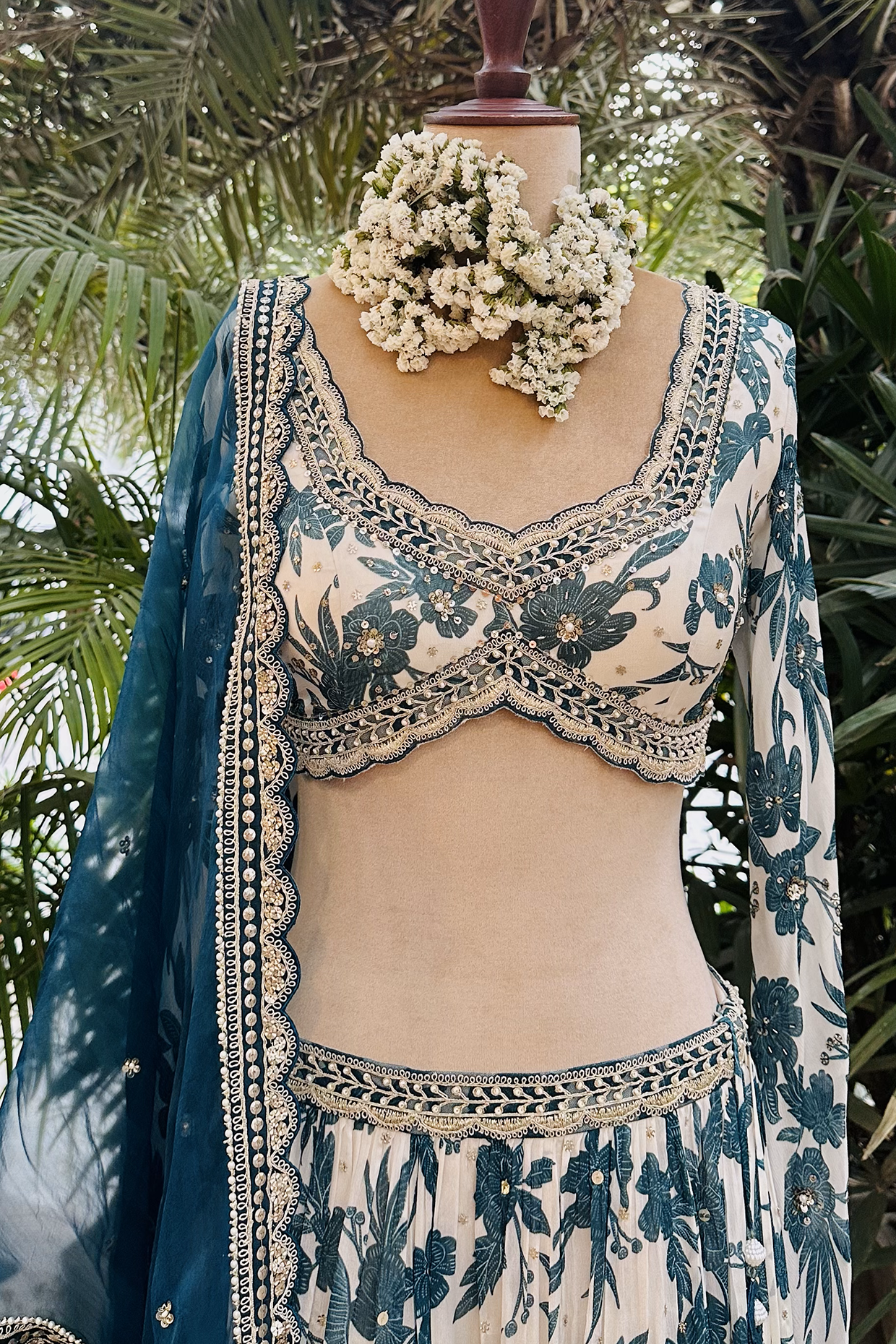 Harsha Siroe In Ivory Teal Tiered Skirt Set