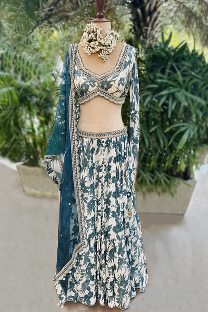 Ivory Teal Chiffon Tiered Skirt Set