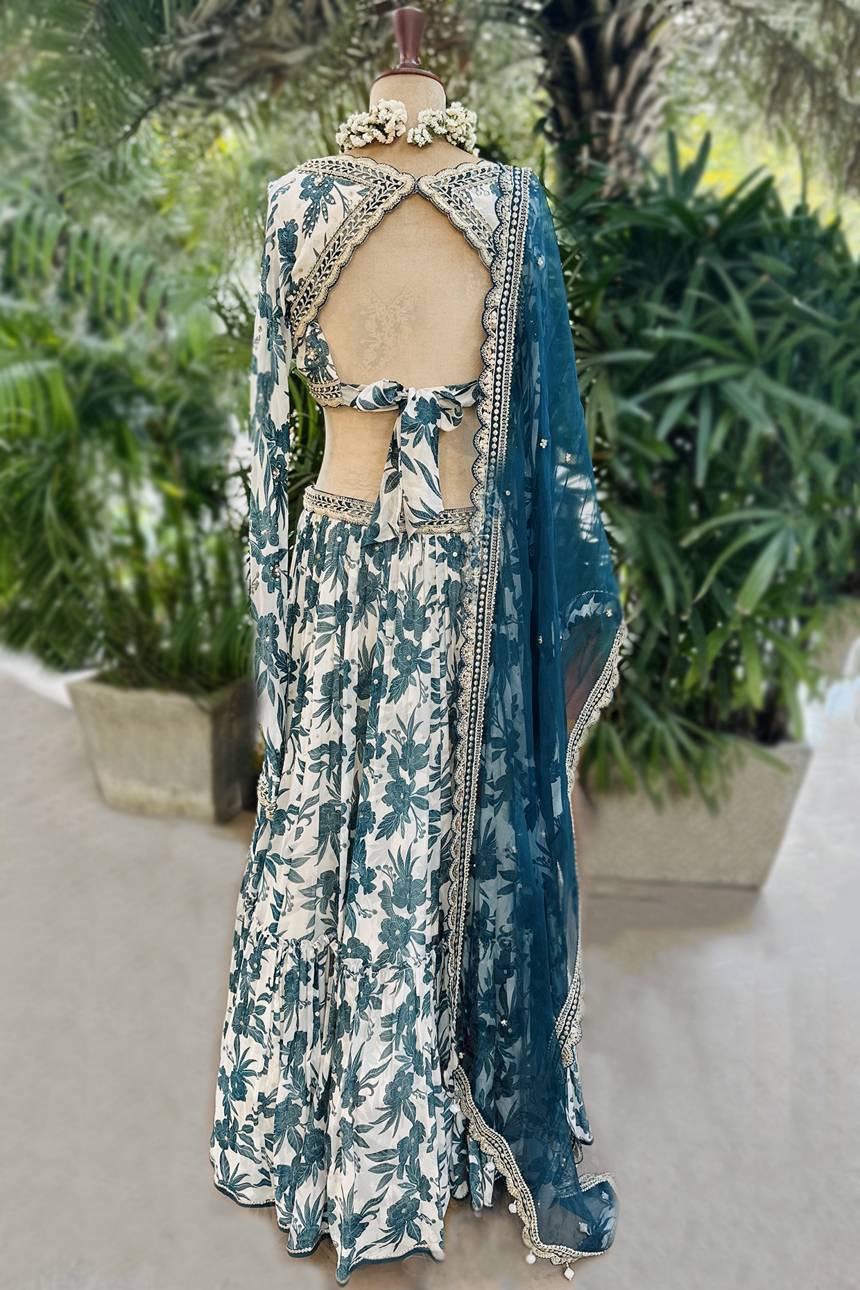 Harsha Siroe In Ivory Teal Tiered Skirt Set