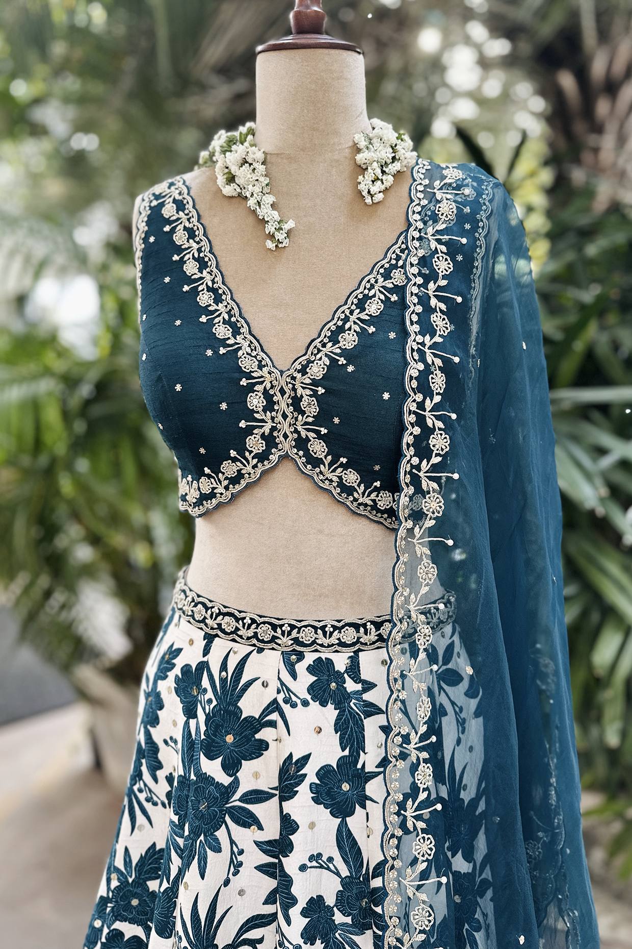 Ivory-Teal Silk Printed & Embroidered Lehenga Set