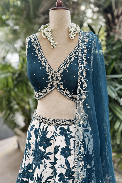 Ivory-Teal Silk Printed & Embroidered Lehenga Set