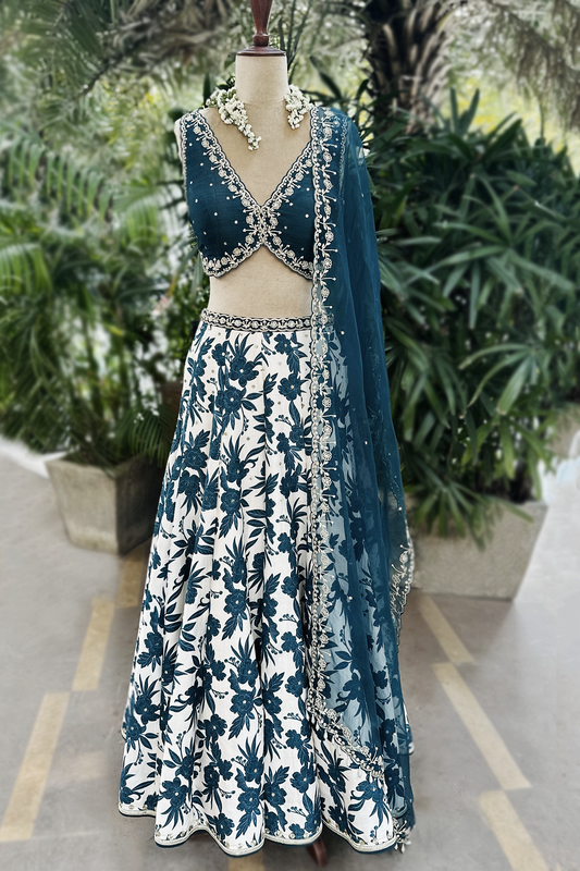 Ivory-Teal Silk Printed & Embroidered Lehenga Set