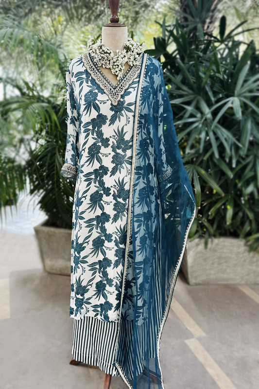 Ivory-Teal Chiffon Straight Kurta Set
