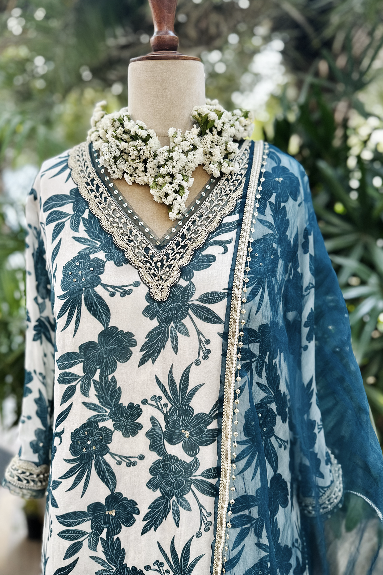 Ivory-Teal Chiffon Straight Kurta Set
