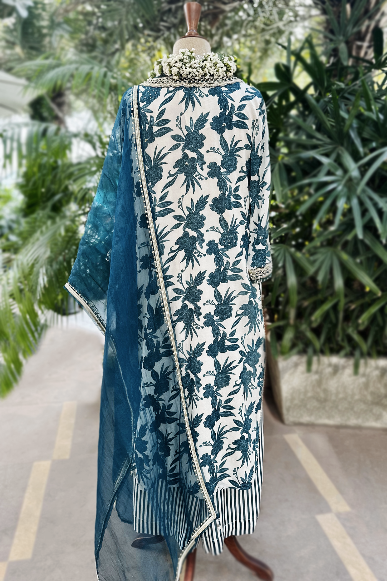 Ivory-Teal Chiffon Straight Kurta Set