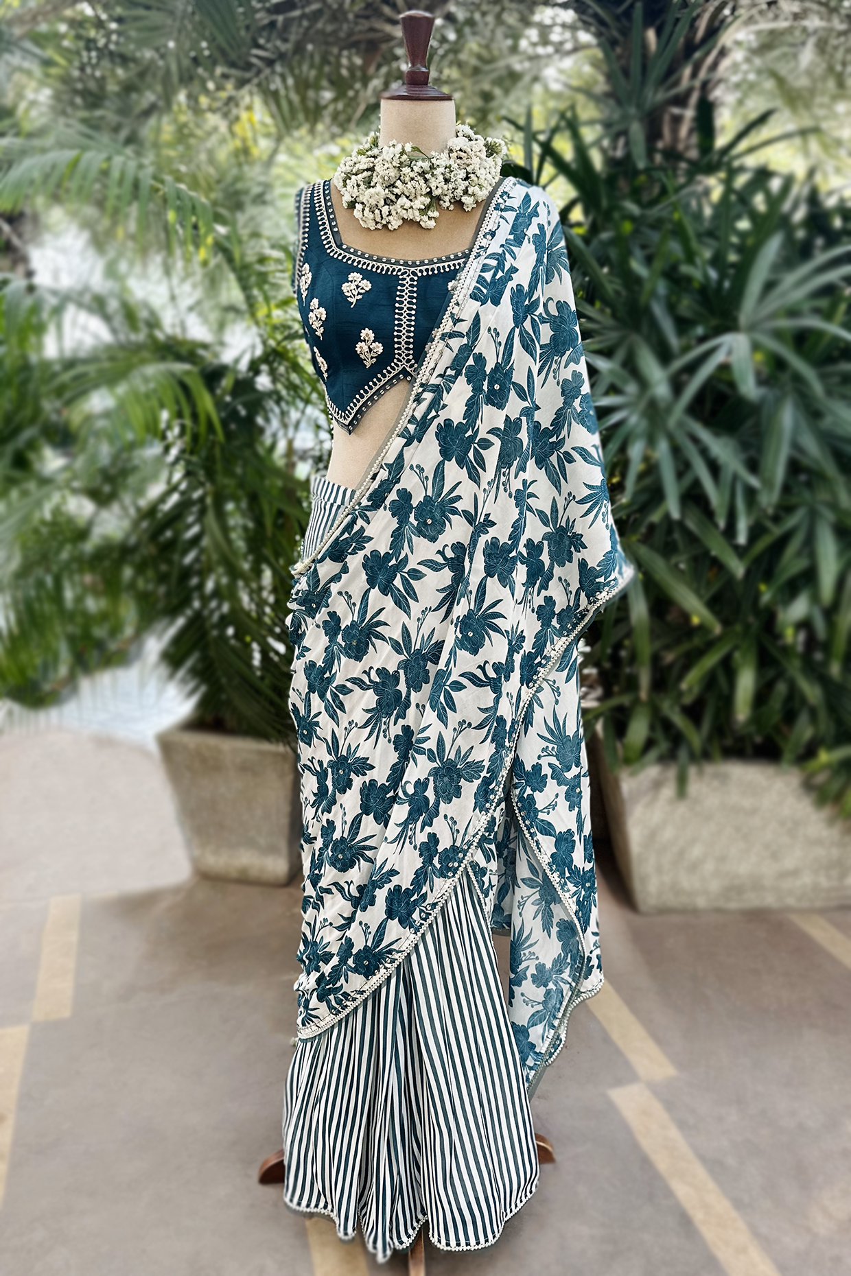 Ivory Teal Chiffon Draped Saree Set