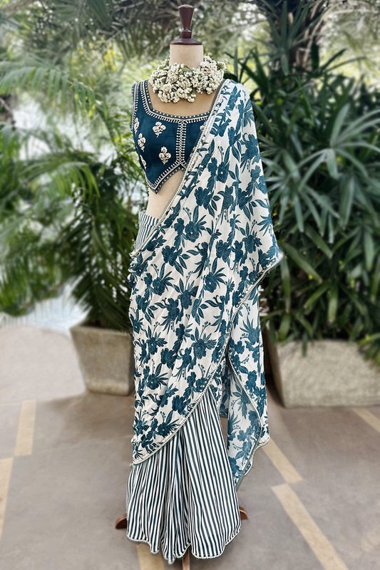 Ivory Teal Chiffon Draped Saree Set