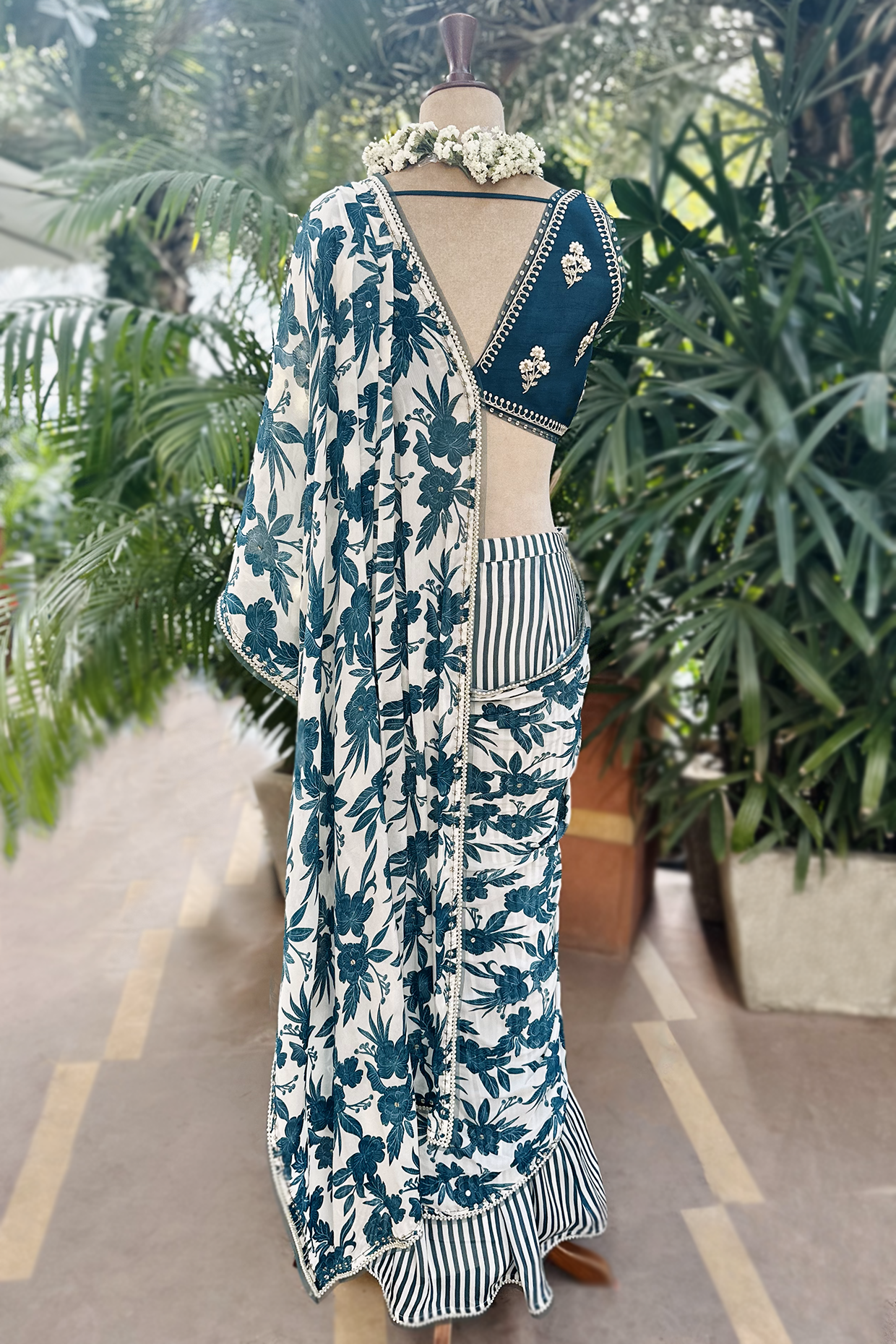Ivory Teal Chiffon Draped Saree Set