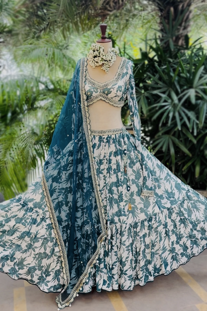 Harsha Siroe In Ivory Teal Tiered Skirt Set