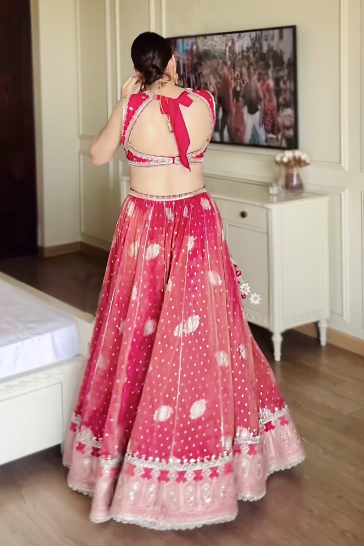 Amitha In Hot Pink Embroidered Tissue Lehenga Set