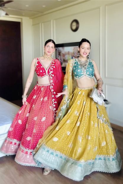 Amitha In Hot Pink Embroidered Tissue Lehenga Set