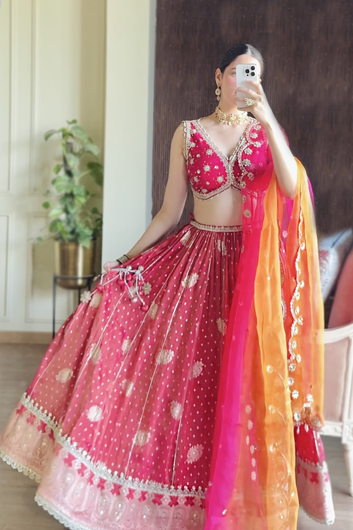 Amitha In Hot Pink Embroidered Tissue Lehenga Set
