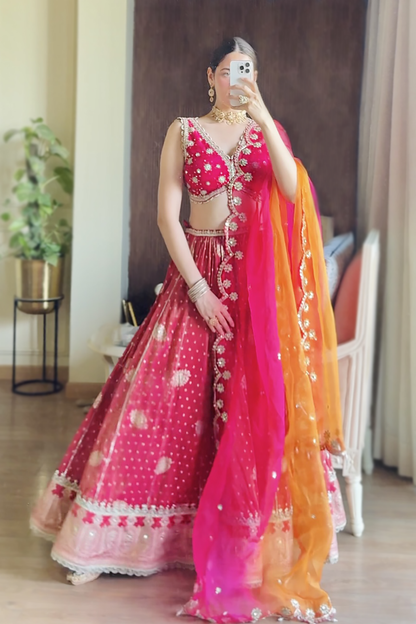 Amitha In Hot Pink Embroidered Tissue Lehenga Set