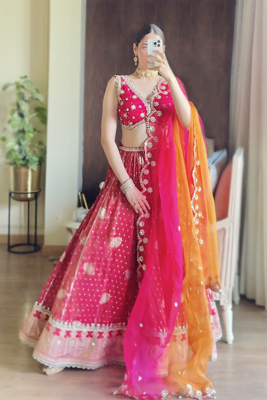 Amitha In Hot Pink Embroidered Tissue Lehenga Set