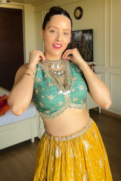 Arisha In Mustard-Jade Embroidered Tissue Lehenga Set
