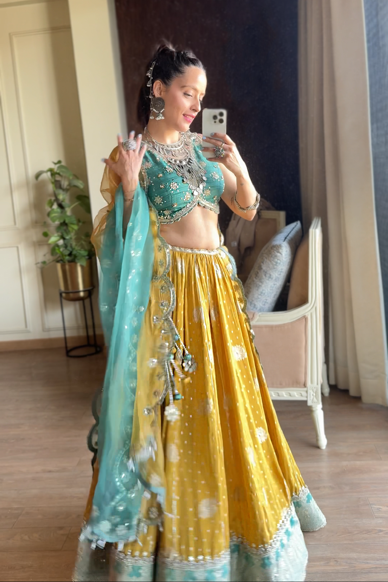 Arisha In Mustard-Jade Embroidered Tissue Lehenga Set