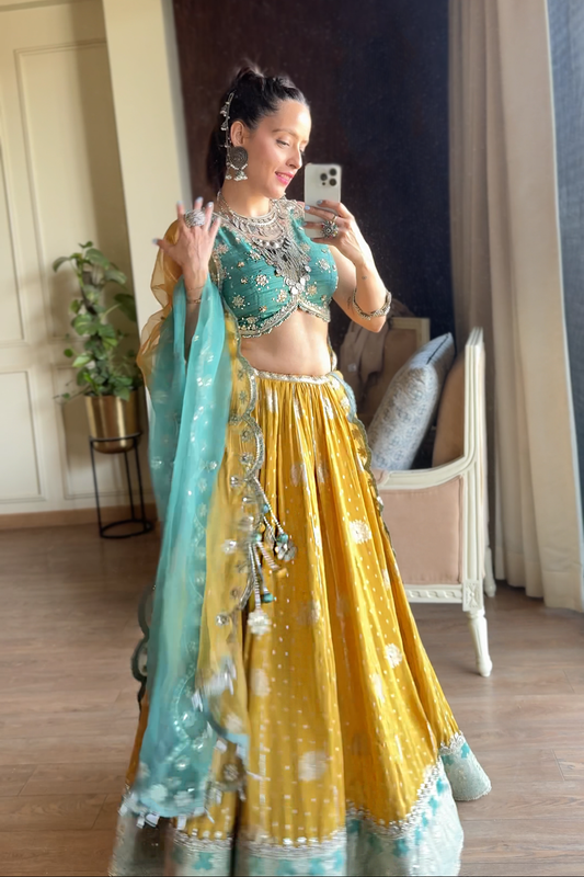Arisha In Mustard-Jade Embroidered Tissue Lehenga Set
