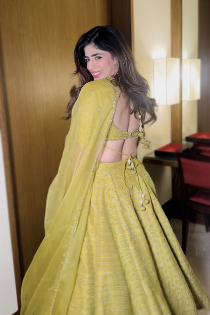 Alisha Chopra In Moss Green Printed Silk Lehenga Set