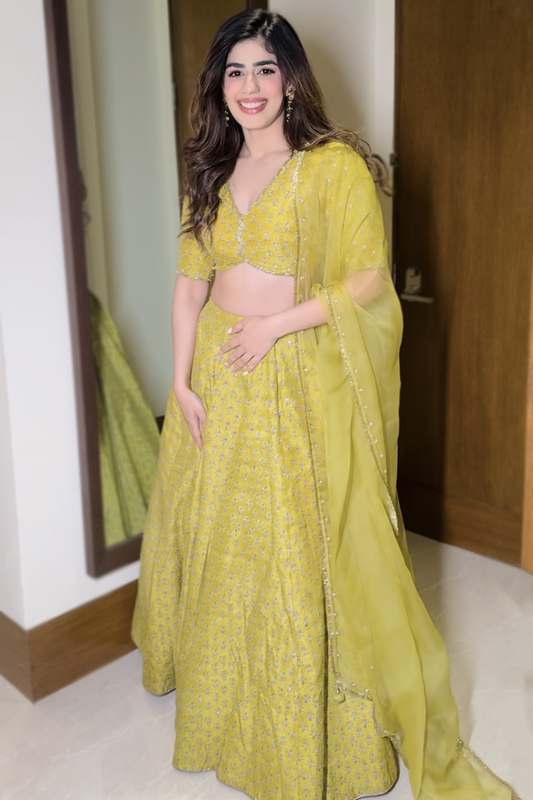 Alisha Chopra In Moss Green Printed Silk Lehenga Set