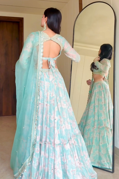 Medha Das In Aqua Tiered Skirt Set