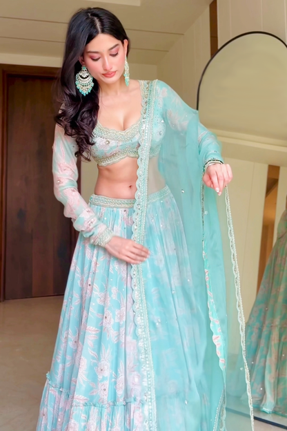 Medha Das In Aqua Tiered Skirt Set