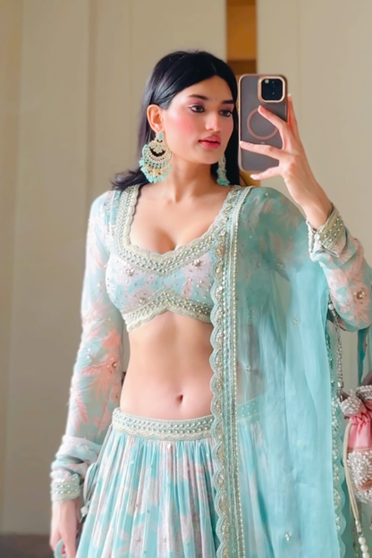 Medha Das In Aqua Tiered Skirt Set