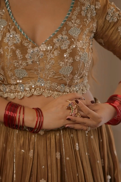 Radhika In Mocha Tissue Embroidered Lehenga Set