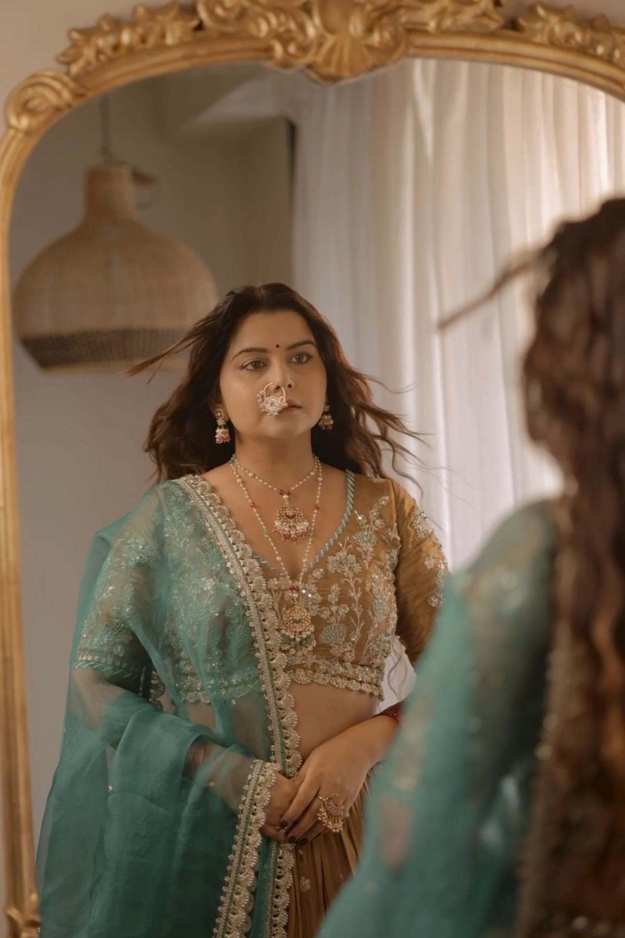 Radhika In Mocha Tissue Embroidered Lehenga Set