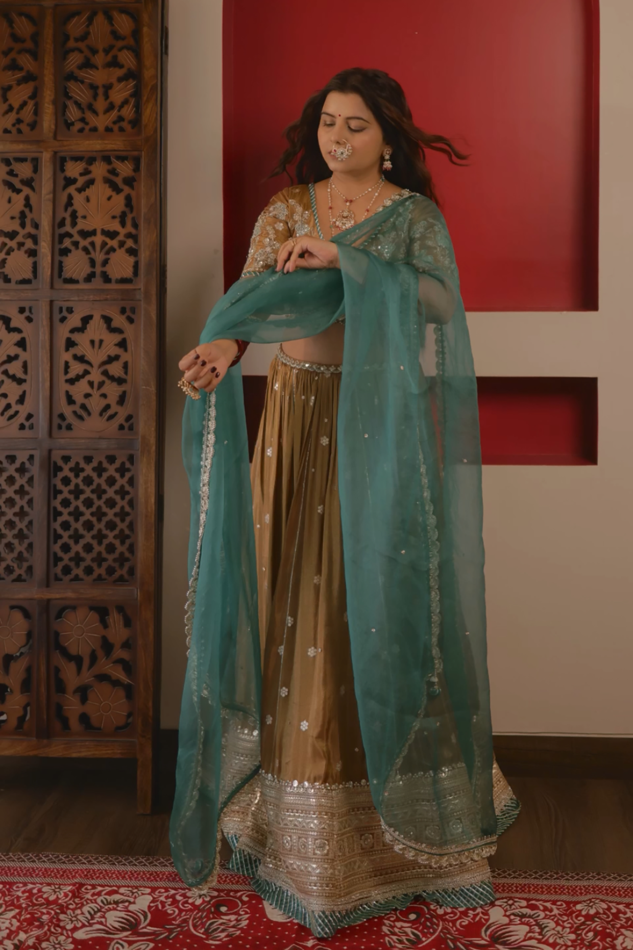 Radhika In Mocha Tissue Embroidered Lehenga Set