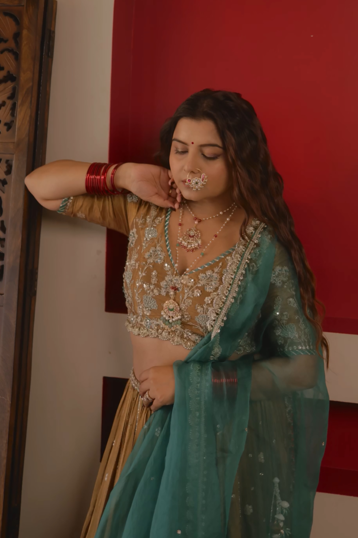 Radhika In Mocha Tissue Embroidered Lehenga Set