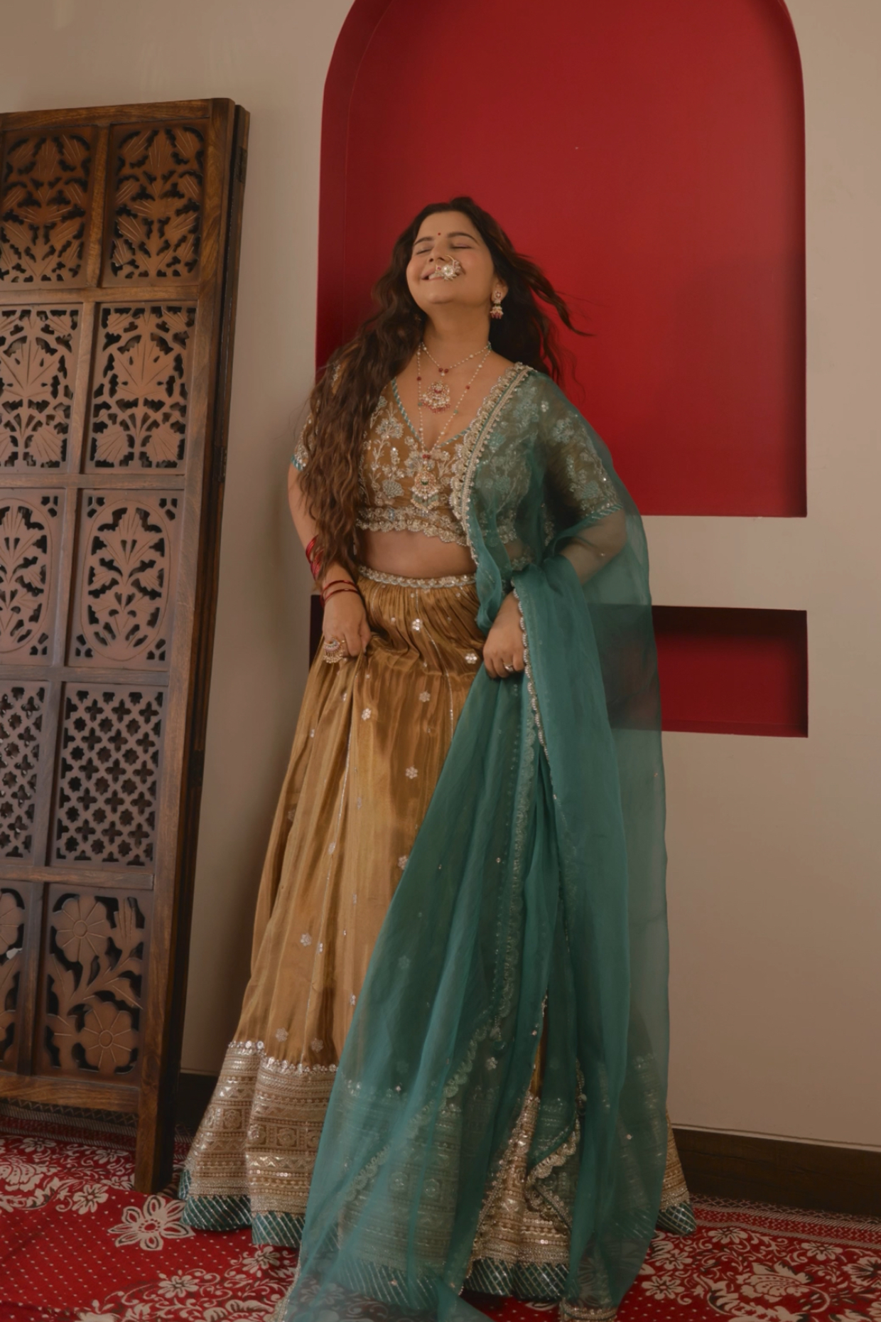 Radhika In Mocha Tissue Embroidered Lehenga Set