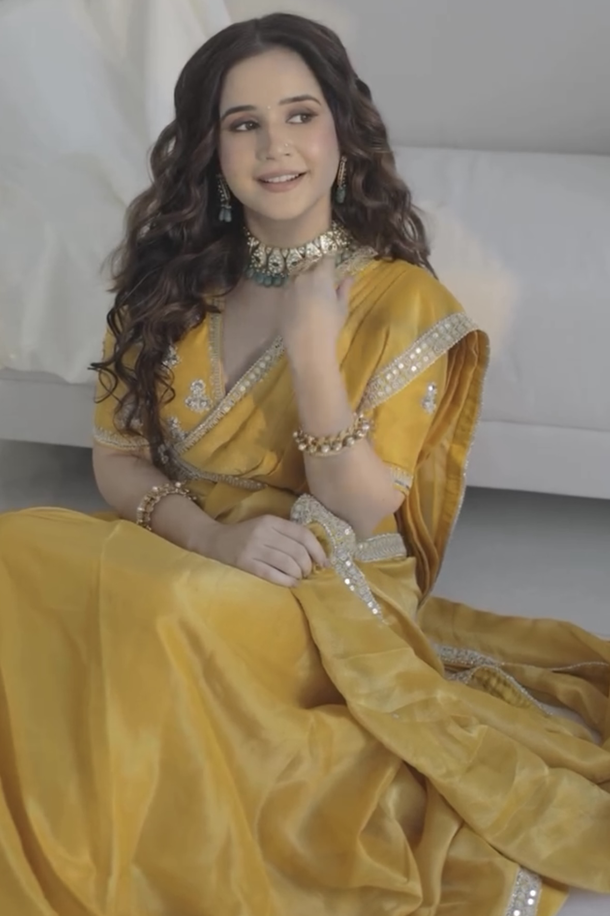 Shiv Shakti In Marigold Yellow Tissue Draped Saree Set