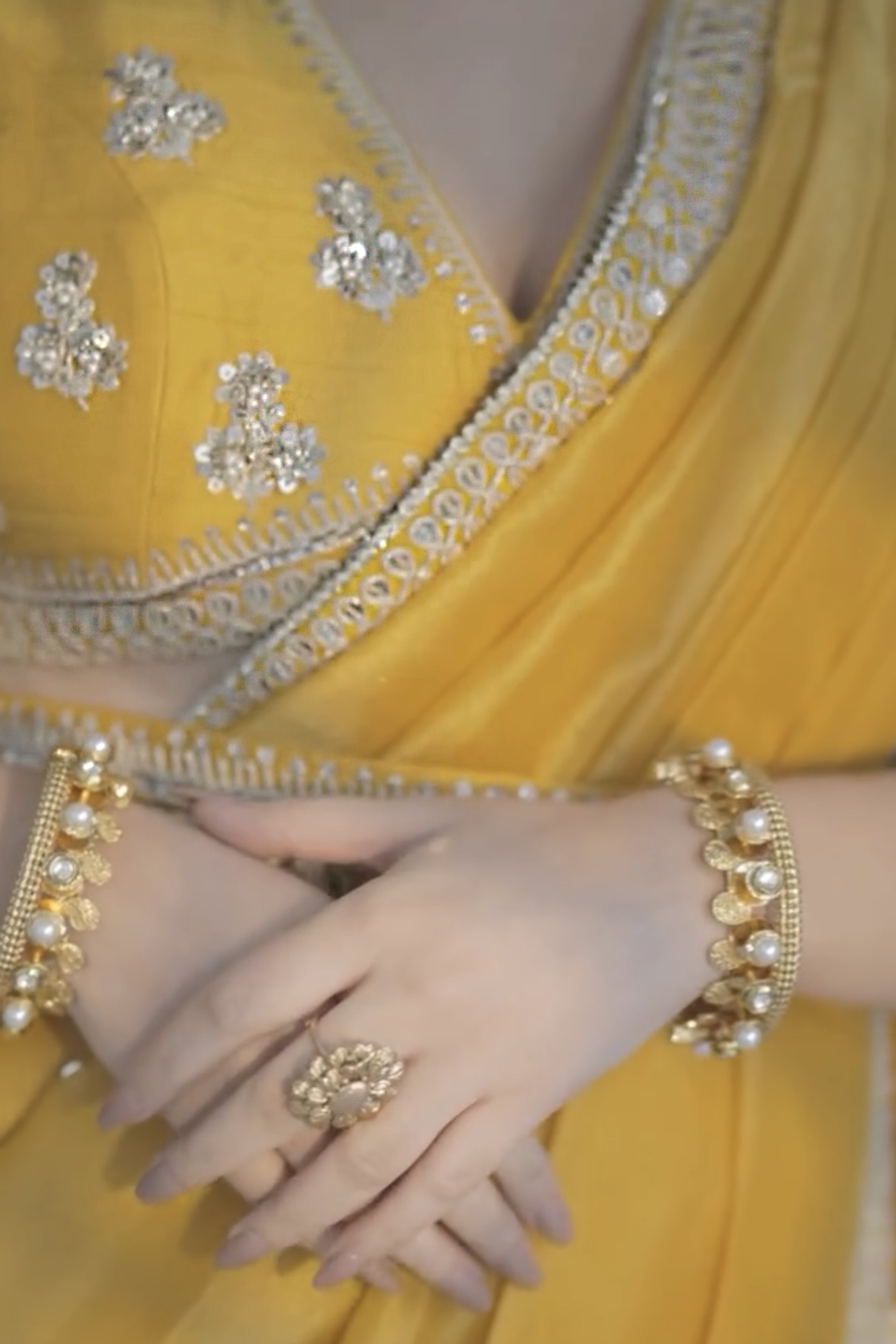 Shiv Shakti In Marigold Yellow Tissue Draped Saree Set