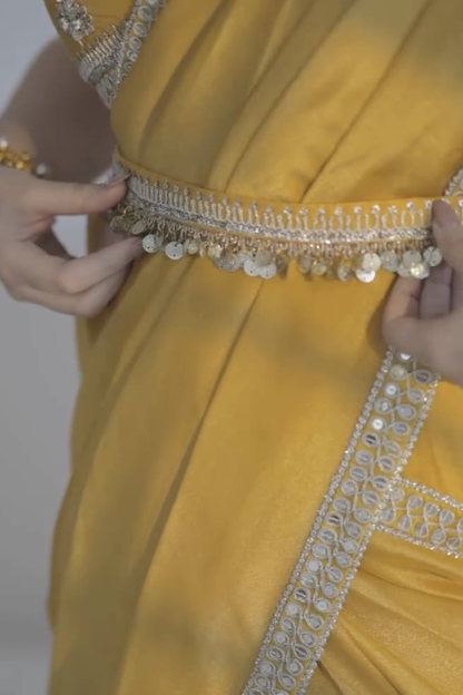 Shiv Shakti In Marigold Yellow Tissue Draped Saree Set