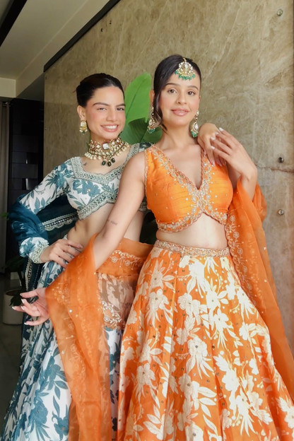 Vanshika Gaba In Orange Silk Printed Lehenga Set