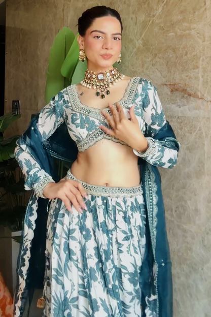 Harsha Siroe In Ivory Teal Tiered Skirt Set