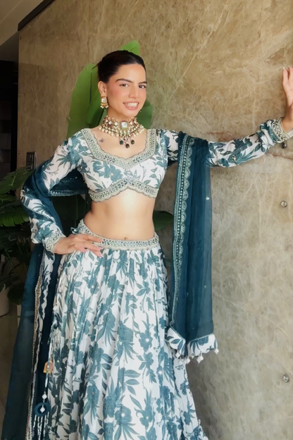 Harsha Siroe In Ivory Teal Tiered Skirt Set