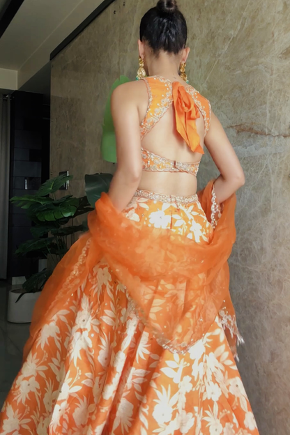 Vanshika Gaba In Orange Silk Printed Lehenga Set
