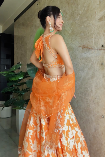 Vanshika Gaba In Orange Silk Printed Lehenga Set
