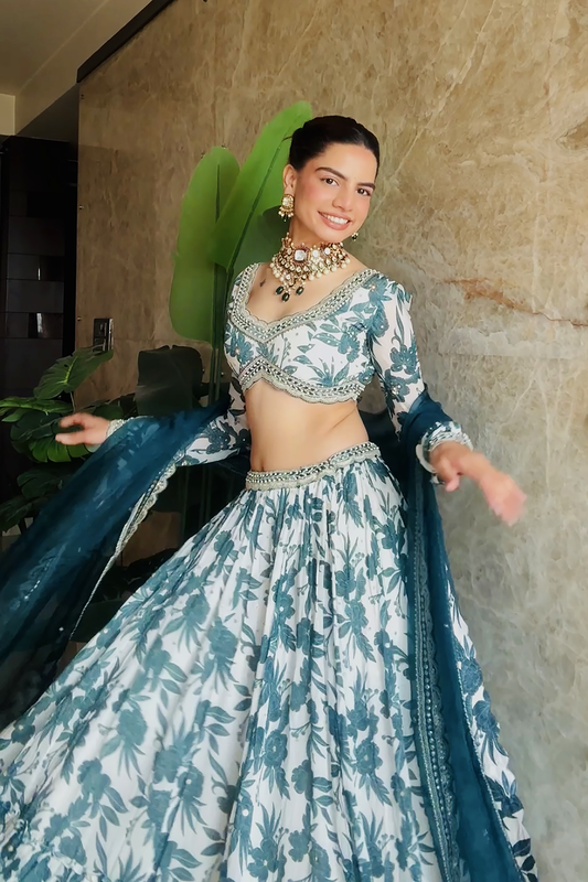 Harsha Siroe In Ivory Teal Tiered Skirt Set