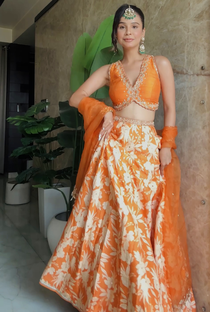 Vanshika Gaba In Orange Silk Printed Lehenga Set