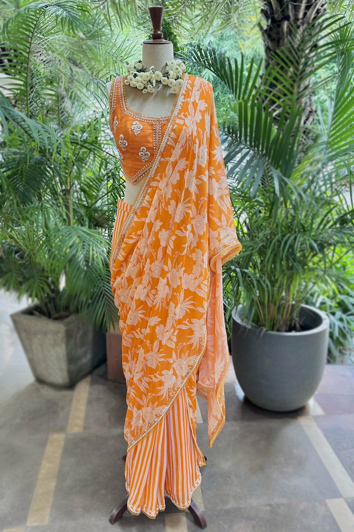 Orange Chiffon Draped Saree Set